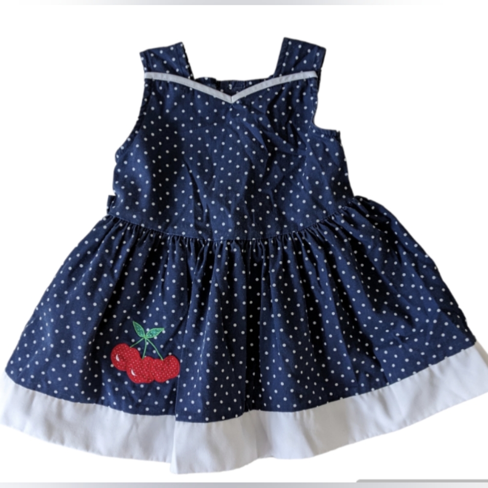 polka dots cherries toddler dress vintage navy blue white trim size 2